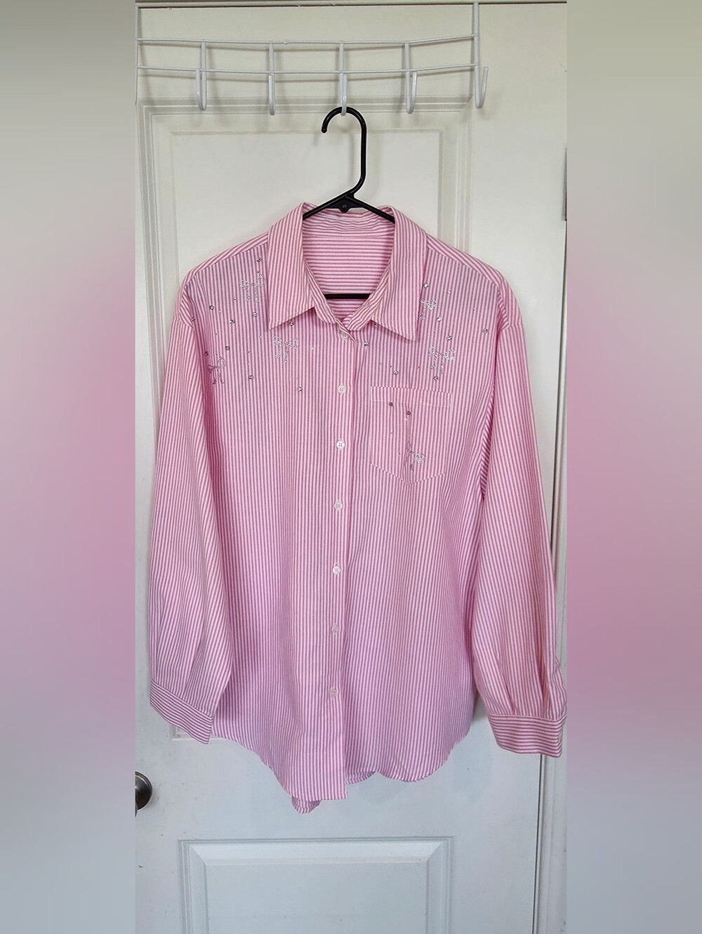 MOTF Pink Striped Button-Up Blouse with Rhinestone Accents